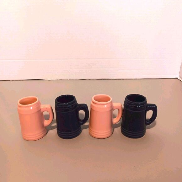 Vtg Mini Beer Stein Set Of 4 Pink & Dark Blue Ceramic Mug Shot Glasses Unmarked - Picture 2 of 16